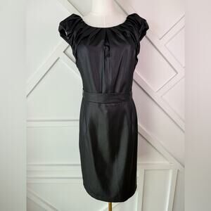 Twelfth Street by Cynthia Vincent Black Satin Sheath Dress Size 4 Cap Sleeve
